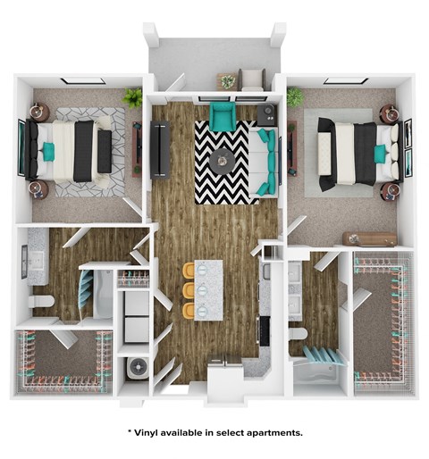 a stylized floor plan of a bedroom with furniture and a living room